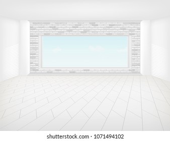 White tile floor and space in empty room with symmetry grid line texture in perspective view for product display or background, 
Home interior decor with rectangle shape of tile, Vector illustration.
