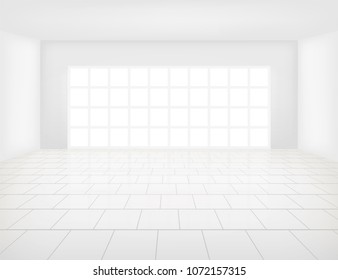 White Tile Floor And Space In Empty Room With Symmetry Grid Line Texture In Perspective View For Product Display Or Background, 
Home Interior Decor With Square Shape Of Tile, Vector Illustration.