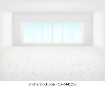 White tile floor and space in empty room with symmetry grid line texture in perspective view for product display background, 
Home interior decor with hexagon shape of tile, Vector illustration.