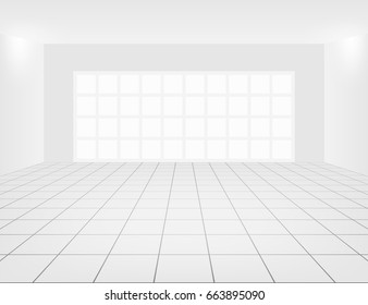 White tile floor and space in empty room with symmetry grid line texture in perspective view for product display or background, 
Home interior decor with square shape of tile, Vector illustration. - Shutterstock ID 663895090