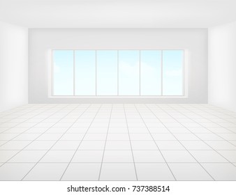 White Tile Floor And Space In Empty Room With Symmetry Grid Line Texture In Perspective View For Product Display Or Background, 
Home Interior Decor With Square Shape Of Tile, Vector Illustration.