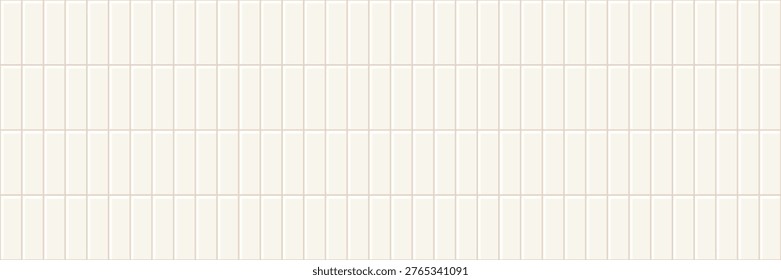 White tile texture for bathroom and kitchen wall. Beige ceramic vertical mosaic, cream seamless pattern. Subway simple texture, white background with rectangle ceramic tiles, vector flat illustration