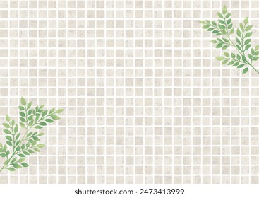 White tile wall and leaves watercolor