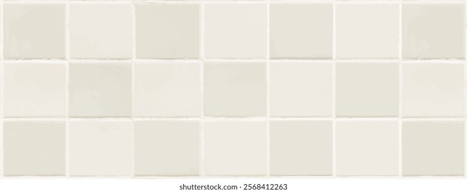 White tiled background with a glossy texture. The background features a grid pattern with white, white square tiles creating a clean look. Tile pattern background vector. Beige background.