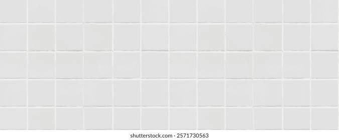 White tiled background with a smooth texture. The background features a grid pattern, with white color repeated across the tiles. Tile pattern background vector. White background.