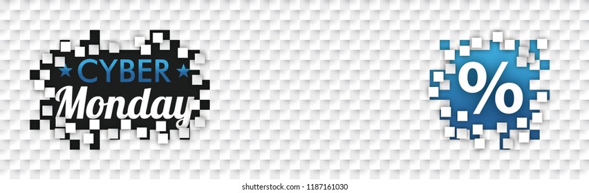 White tiles with black holes, text Cyber Monday und percent.  Eps 10 vector file.