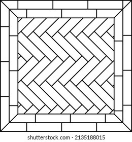 Patrón de hueso de arenque de azulejos blancos. Parqué de hueso de pescado de Versalles. Material de cerámica o piedra, ladrillos de zigzag o harina de madera en casa, calle o exterior. Interior de cocina para ilustración de vector plano de catálogo