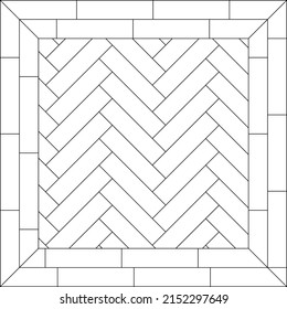 White tiles herringbone pattern. Versailles fishbone parquet. Ceramic or stone material, zigzag bricks or wooden flour in home, street or outdoor. Kitchen interior for catalog flat vector illustration