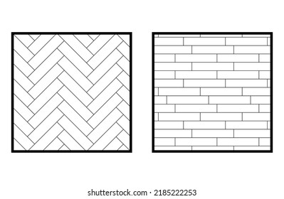 White tiles overlay and herringbone patterns. Fishbone parquet. Ceramic or stone material, zig zag bricks or wooden flour on the street or outdoor. Kitchen interior for catalog vector illustration