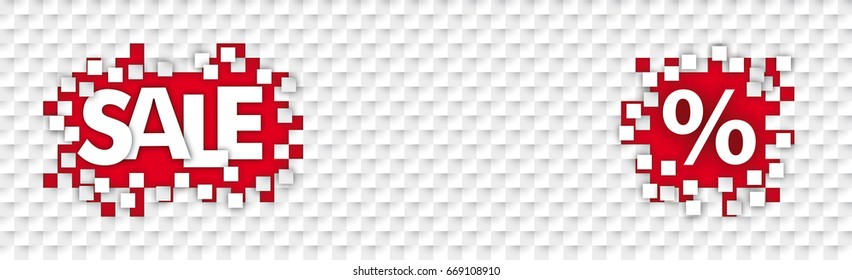 White tiles with red holes, text Sale und percent.  Eps 10 vector file.