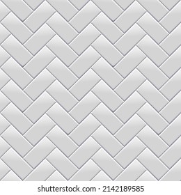 Patrón de herringbone sin fisuras de azulejos blancos. Ladrillos blancos cerámicos en piscina, metro o exterior. Suelo para metro, baño, cocina interior. Materiales ligeros de piedra para ilustración de vector plano de catálogo