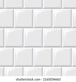 White tiles seamless mosaic pattern. Ceramic white bricks in pool, metro or outdoor. Wall or floor for subway, bathroom, kitchen interior. Light stone materials for catalog flat vector illustration
