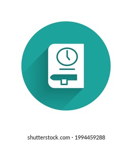 White Time for book icon isolated with long shadow. Green circle button. Vector