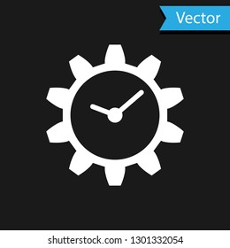 White Time Management icon isolated on black background. Clock and gear sign. Vector Illustration