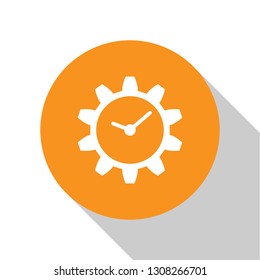 White Time Management icon isolated on white background. Clock and gear sign. Orange circle button. Flat design. Vector Illustration