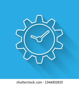 White Time Management icon isolated with long shadow. Clock and gear sign. Vector Illustration