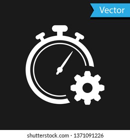 White Time Management icon isolated on black background. Clock and gear sign. Productivity symbol. Vector Illustration