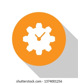 White Time Management icon isolated on white background. Clock and gear sign. Productivity symbol. Orange circle button. Vector Illustration