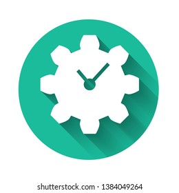 White Time Management icon isolated with long shadow. Clock and gear sign. Productivity symbol. Green circle button. Vector Illustration