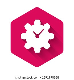 White Time Management icon isolated with long shadow. Clock and gear sign. Productivity symbol. Pink hexagon button. Vector Illustration