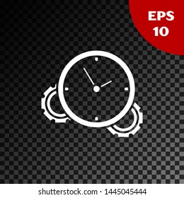 White Time Management icon isolated on transparent dark background. Clock and gear sign. Productivity symbol.  Vector Illustration