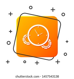 White Time Management icon isolated on white background. Clock and gear sign. Productivity symbol. Orange square button. Vector Illustration