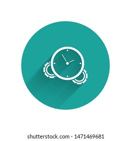White Time Management icon isolated with long shadow. Clock and gear sign. Productivity symbol. Green circle button. Vector Illustration