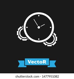 White Time Management icon isolated on black background. Clock and gear sign. Productivity symbol.  Vector Illustration