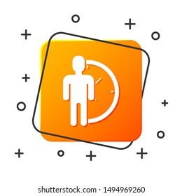 White Time Management icon isolated on white background. Clock and gear sign. Productivity symbol. Orange square button. Vector Illustration