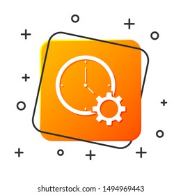 White Time Management icon isolated on white background. Clock and gear sign. Productivity symbol. Orange square button. Vector Illustration