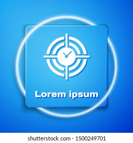 White Time Management icon isolated on blue background. Clock and gear sign. Productivity symbol. Blue square button. Vector Illustration