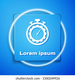 White Time Management icon isolated on blue background. Clock and gear sign. Productivity symbol. Blue square button. Vector Illustration