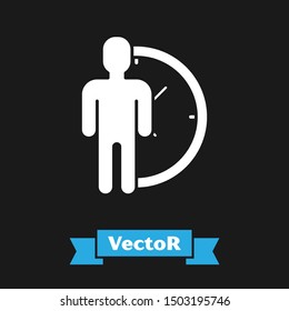 White Time Management icon isolated on black background. Clock and gear sign. Productivity symbol.  Vector Illustration