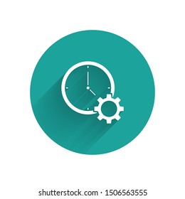 White Time Management icon isolated with long shadow. Clock and gear sign. Productivity symbol. Green circle button. Vector Illustration