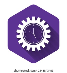 White Time Management icon isolated with long shadow. Clock and gear sign. Productivity symbol. Purple hexagon button. Vector Illustration