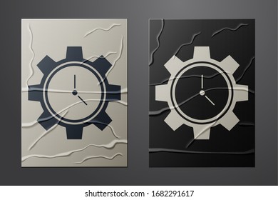 White Time Management icon isolated on crumpled paper background. Clock and gear sign. Productivity symbol. Paper art style. Vector Illustration