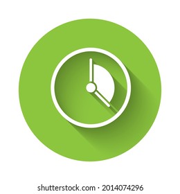 White Time Management icon isolated with long shadow. Clock sign. Productivity symbol. Green circle button. Vector Illustration