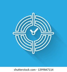 White Time Management line icon isolated with long shadow. Clock and gear sign. Productivity symbol. Vector Illustration