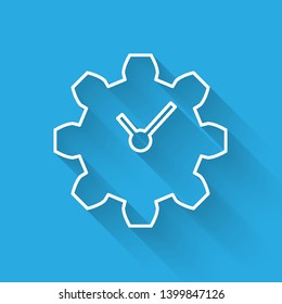 White Time Management line icon isolated with long shadow. Clock and gear sign. Productivity symbol. Vector Illustration
