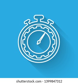 White Time Management line icon isolated with long shadow. Clock and gear sign. Productivity symbol. Vector Illustration