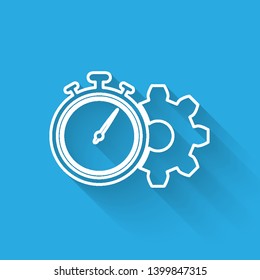 White Time Management line icon isolated with long shadow. Clock and gear sign. Productivity symbol. Vector Illustration