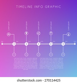 White timeline on blurred colored background. Displays time interval tagged and description on them, with the icons. Clean and simple design.