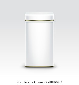 White tin box packaging container for tea or coffee isolated vector illustration