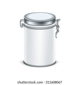 White tin box packaging container for tea or coffee isolated vector illustration