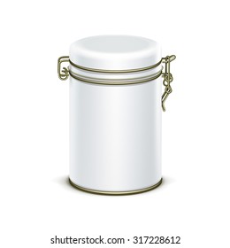 White tin box packaging container for tea or coffee isolated vector illustration