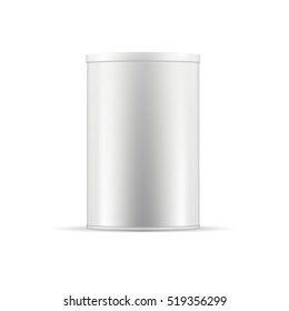 White tin can with lid. Realistic round container for dry products (tea, coffee, spice, sugar, cereals, cookies). Realistic vector mock up template. Food packaging collection.