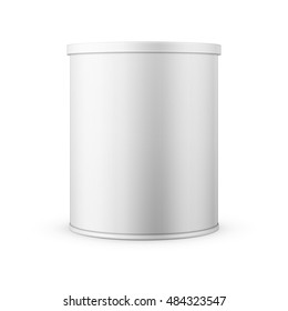 White tin can with plastic cap for baby powder milk, instant coffee, cereal etc. Vector illustration. Packaging collection.