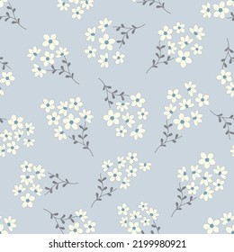 White tiny hand drawn flowers cluster bouquets on powder blue vector seamless gender neutral babies pattern print. For kids cute accessories and clothing print, wrapping, covers, walls, and much more