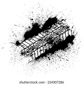 White tire tracks silhouette on black ink blots. eps10
