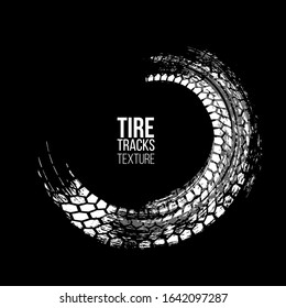 White tire tracks texture isolated on black background. Vector design element